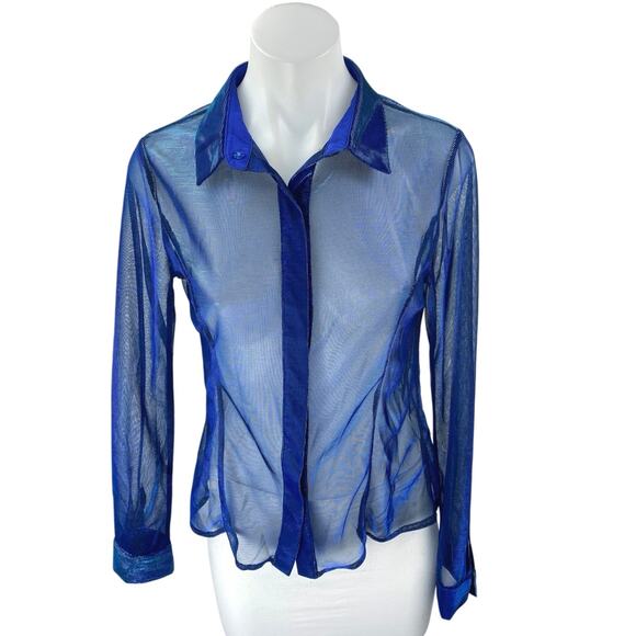 Superdown Womens Blue Metallic Mesh Long Sleeve Sheer Button Down Shirt Top Sz S - Picture 1 of 4